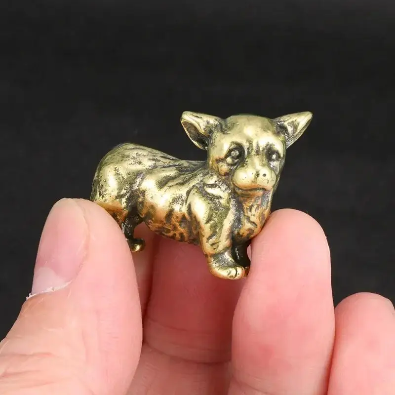 Solid Brass Puppy Corgi Figurine Miniature Tea Pet Crafts Desktop Small Ornament Dog Home Decorations Accessories Children Gifts