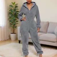 Women's Gray Fleece Hooded Onesie Jumpsuit Zipper Cozy Casual Style for Home Lounge, Winter Errands & Cold-Weather Outings