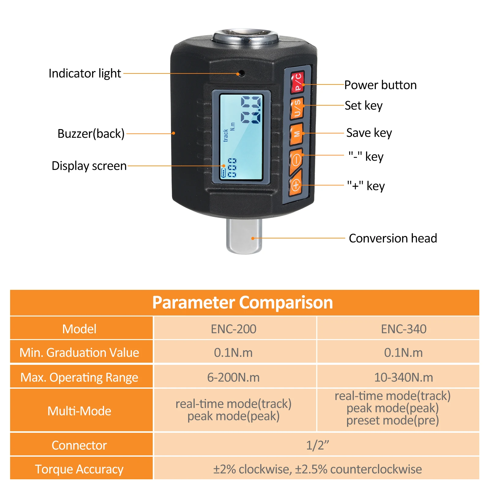 10 340Nm Digital Torque Meter Wrench Torque Tester 1/2'' Drive Includes Adapters 3/8'' 1/4'' 4 Units Home Repairs torque wrench