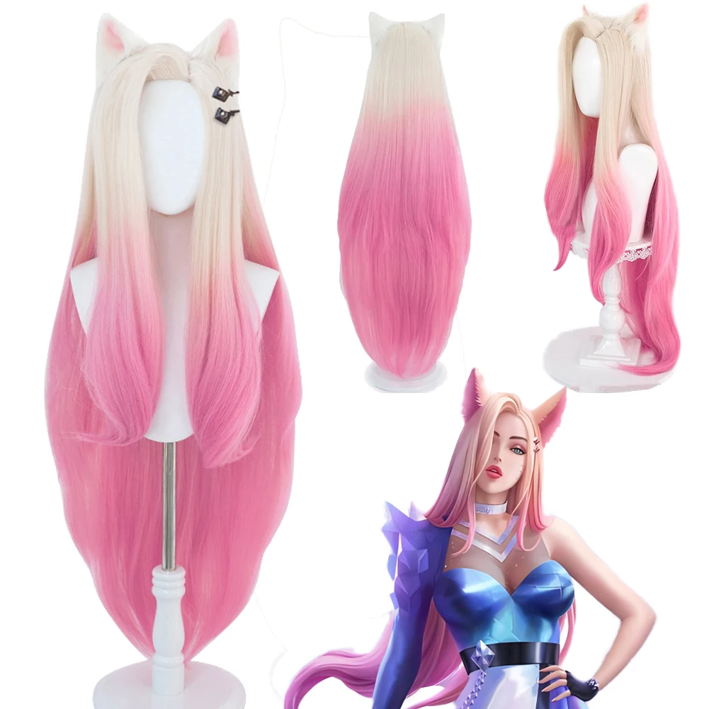 

Игра LoL KDA Baddest Ahri розовый парик для косплея фантазия градиент розовый длинные волосы костюм аксессуары для женщин Хэллоуин ролевые игры