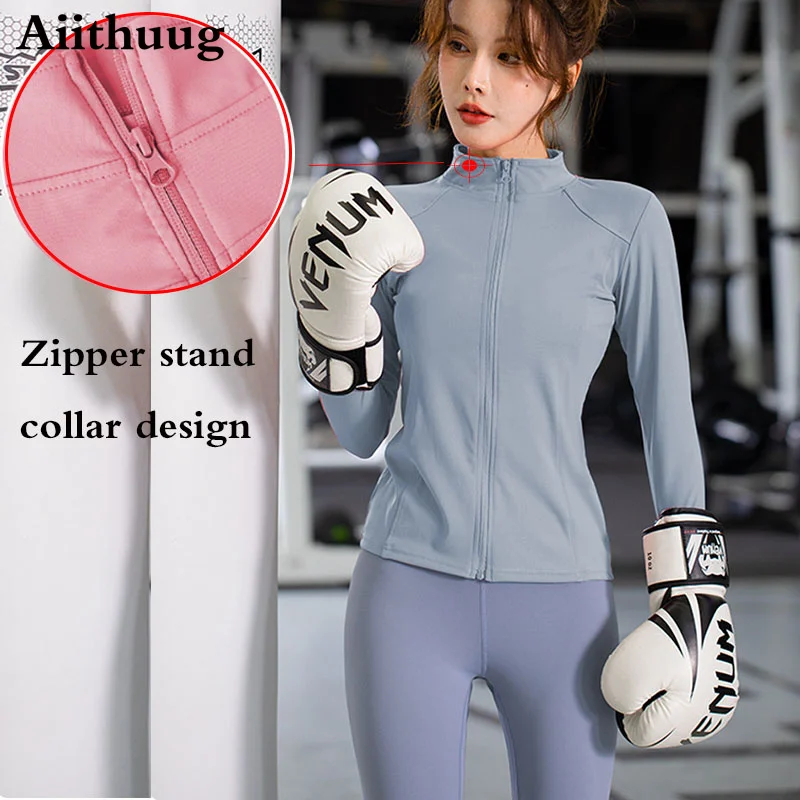 Women Sports Shirt Long Sleeves Running Breathable Gym Workout Yoga Jacket with Zipper Finger Holes