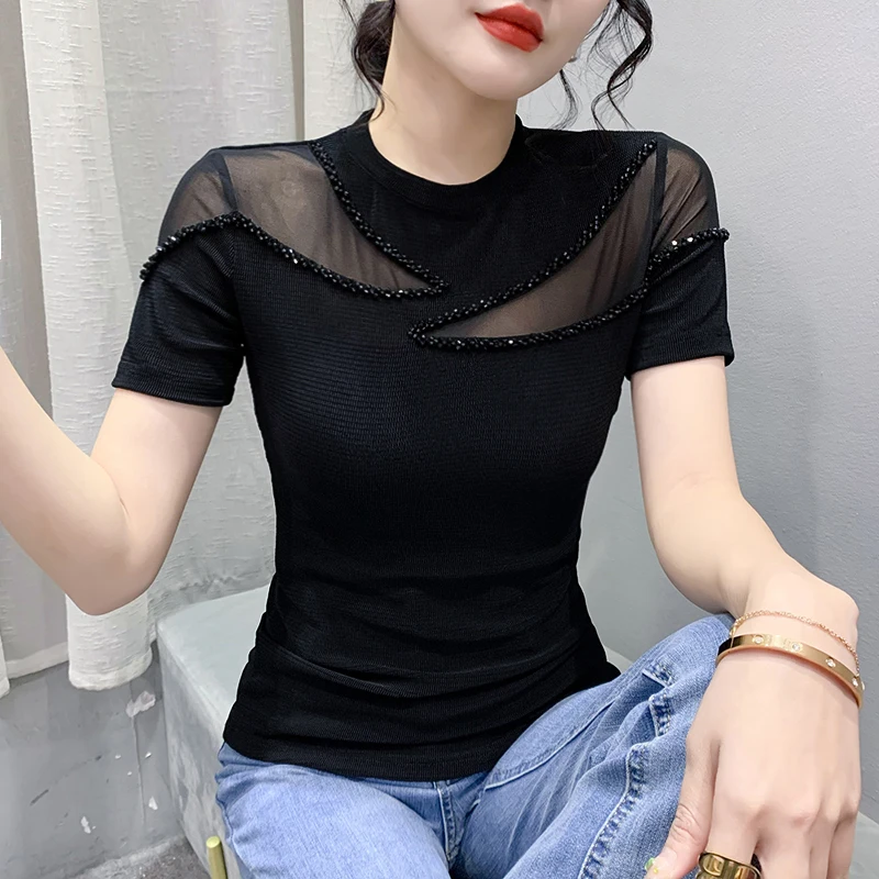 

Black Summer Korean Style Mesh T-Shirt Chic Sexy O-Neck Patchwork Shiny Beads Women Tops Short Sleeve Slim Tees 2024 New 442915