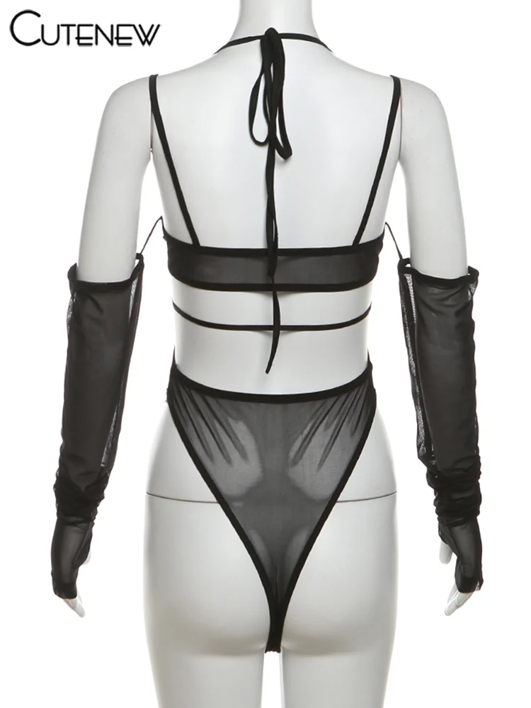 Body de malla para mujer, sexy, coqueto, transparente, con tirantes, sin espalda, ajustado, para discoteca, color medianoche