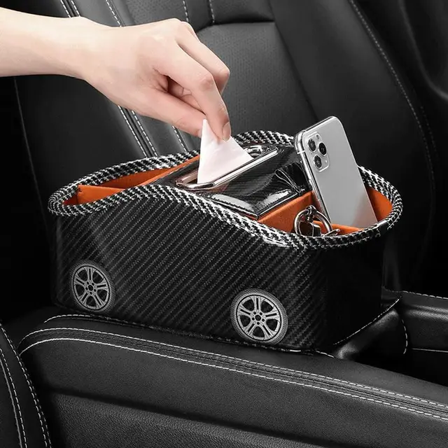 Car Armrest Storage Box with Water Cup Holder and Tissue Box