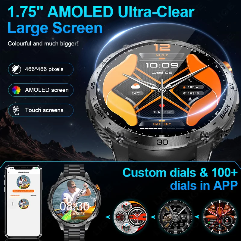 LIGE New 3ATM Waterproof Smart Watch Men 730mAh Extra Large Battery AMOLED HD Display Outdoor Professional Sports Smartwatch Men 2