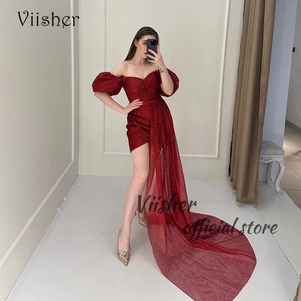 

Viisher Sparkly Burgundy Sequins Short Prom Party Dresses with Train Puffy Sleeve Evening Dress for Women Sexy Cocktail Gowns