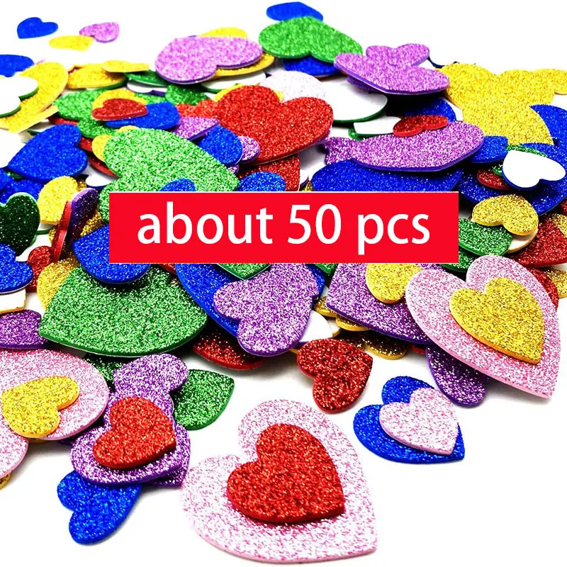 Colorful Glitter Foam Stickers - Self Adhesive Stars and Hearts for Kids' Arts and Crafts, Greeting Cards, and Home Decoration