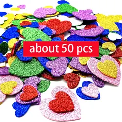 Colorful Glitter Foam Stickers - Self Adhesive Stars and Hearts for Kids' Arts and Crafts, Greeting Cards, and Home Decoration (50pcs hearts)