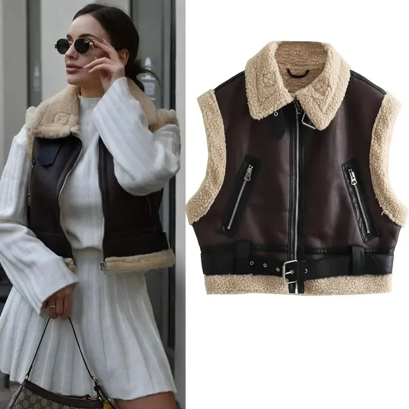 

TRAF Zip Cropped Double Faced Vest Woman Autumn Vintage Metal Buckles Lapel Collar Coats Y2K Sleeveless Pockets Belted Hem Tops