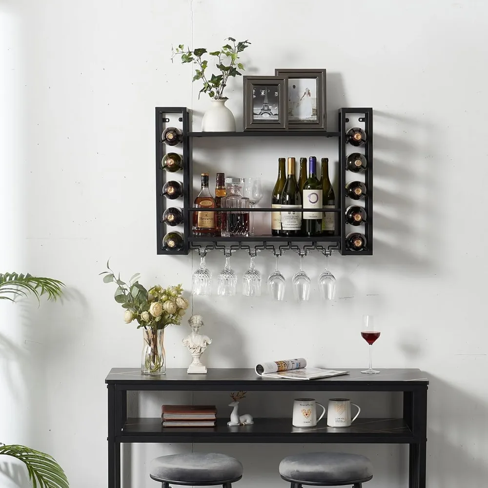 Wall Mounted Wine Rack with Glass Holder, Metal Bottle Holder Wine Storage Display Rack for Home Bar Dining Room Kitchen