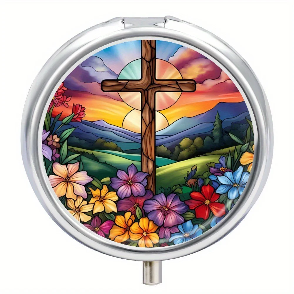 Stained Glass Style Cross Pill Organizer,2-Compartment Portable Religious Medicine Case,Compact Vitamin Holder for Pocket Purse 3
