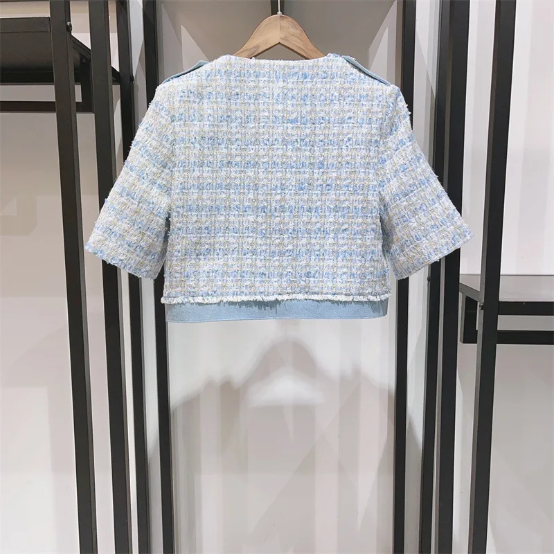 

2024 Spring Summer New Women Elegant Tweed Plaid Suit Denim Edge Buttons Decoration V-Neck Short Sleeve Coat or A-Line Skirt