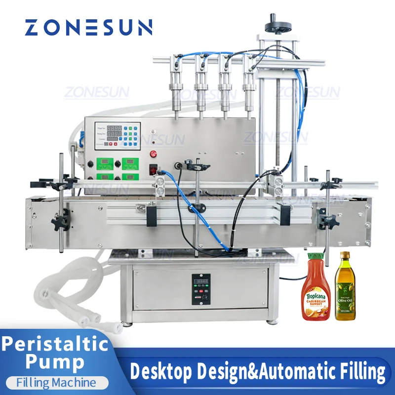 

ZONESUN 4 Pneumatic Nozzles Tabletop Automatic Perfume Lotion Eye Drops Peristaltic Pump Liquid Filling Machine Gel Filler