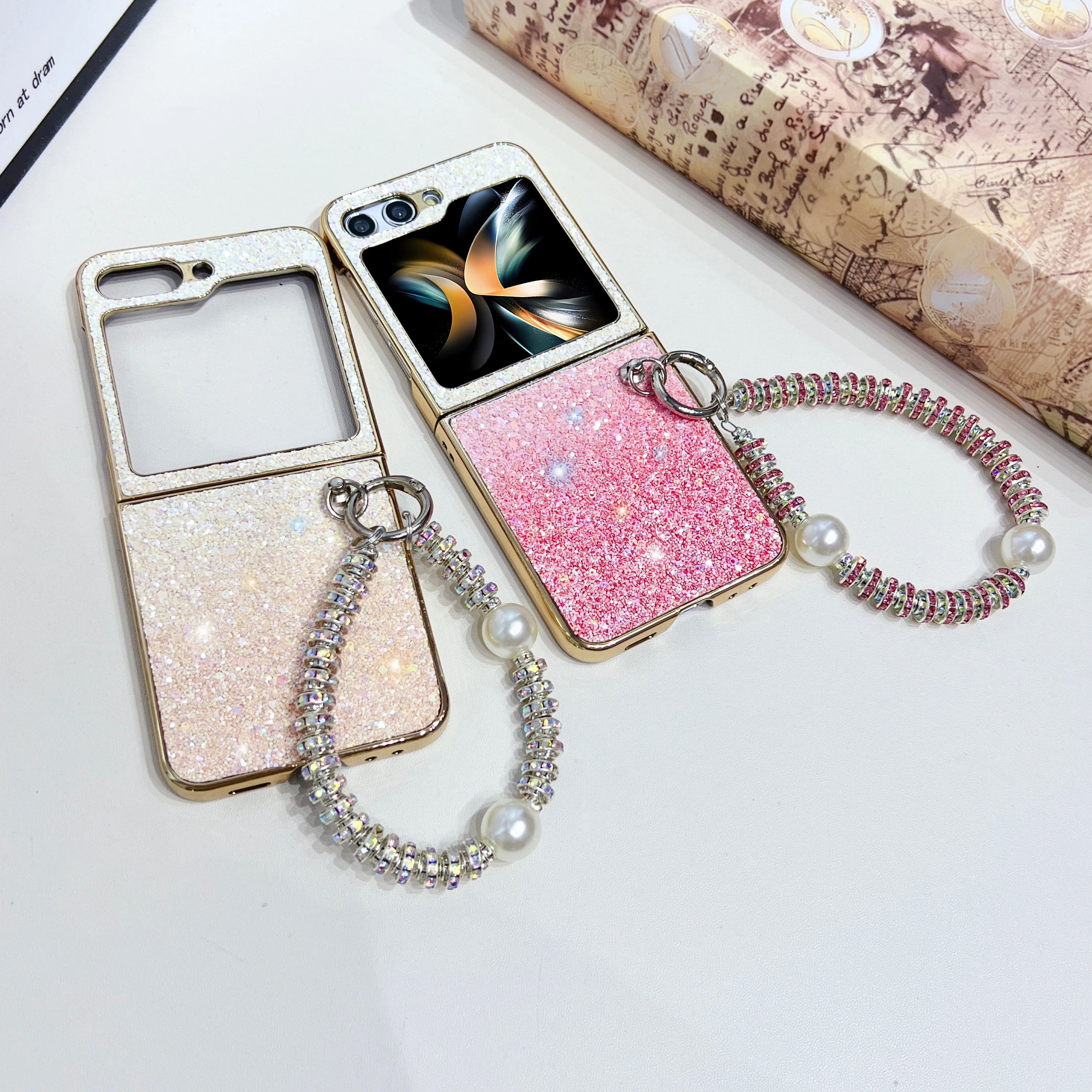 For Samsung Galaxy Z Flip 5 4 3 Case Glitter Gradient Electroplating Bracelet Shockproof Protection Hard Back Cover Accessories