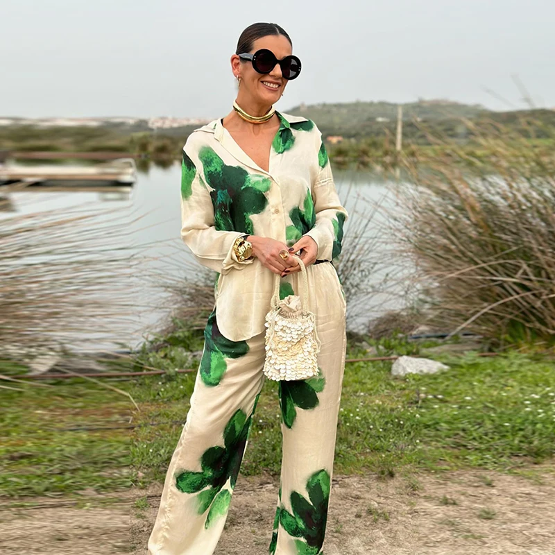 Women 2 Piece Pants Set Loose Lapel Single Breasted Shirts High Waist Wide Leg Trousers 2024 Pants Sets Casual Women Pants Suits
