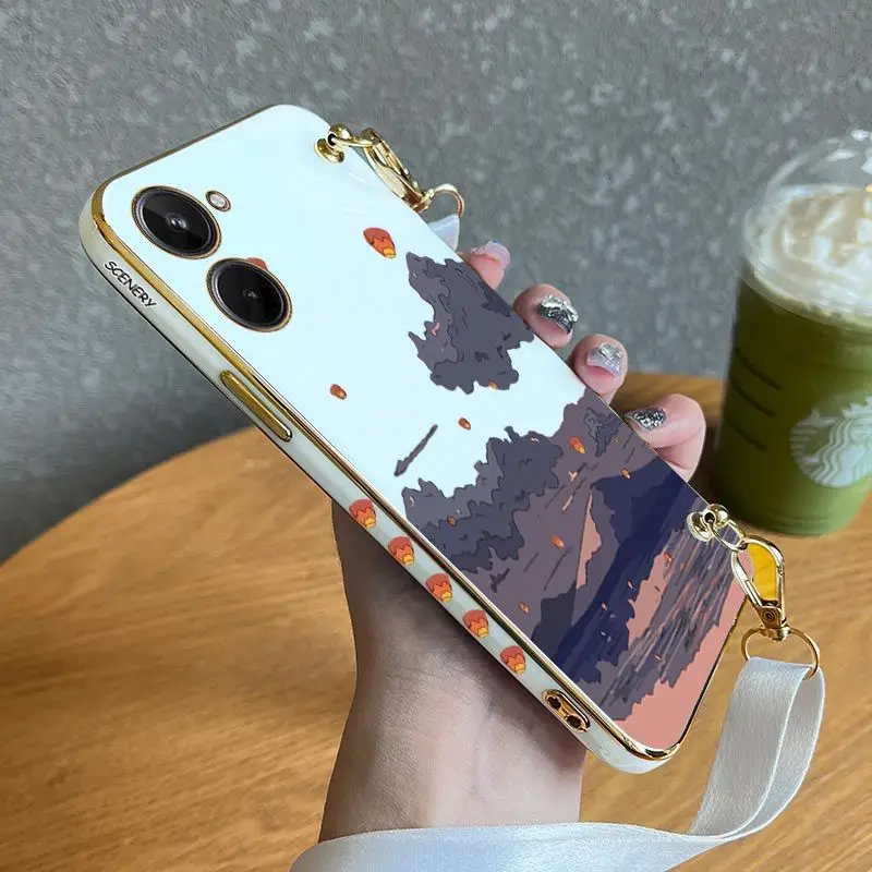 

The Sunset Hills Lanyard Plating Phone Case For OPPO Realme 10 9 9i 8 8i 7 7i 6 Pro Plus C35 C30 C31 C25 C25S C20 C21Y Cover