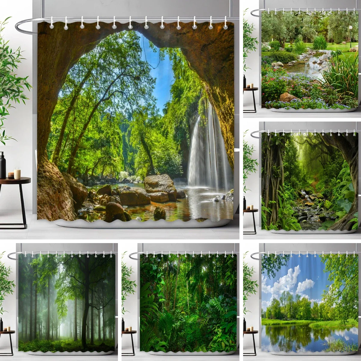 

Уличная сценическая лесная душевая занавеска с крючками, зеленые растения, дерево, водопад, ландшафтные водонепроницаемые шторы для душа, декор для ванной комнаты