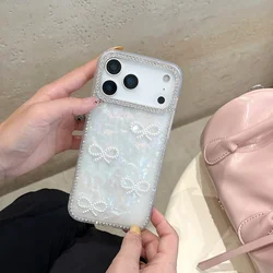 Luxurious 3D Pearl Bow Bling Diamond Inlaid Girly Aurora Laser Acrylic Shockproof Phone Case - iPhone 15 Plus (White Aurora)