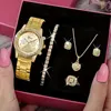 5 PCS Set Gold Watch Women Luxury Ring Necklace Earrings Rhinestone Fashion Wristwatch Female Casual Watches Bracelet Set 1