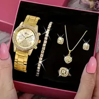 5 PCS Set Gold Watch Women Luxury Ring Necklace Earrings Rhinestone Fashion Wristwatch Female Casual Watches Bracelet Set 1