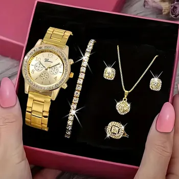 5-Piece Women’s Jewelry Set – Gold Watch, Ring, Necklace, Earrings & Bracelet with Rhinestones 1