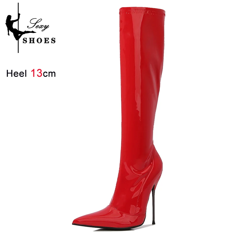 Knee-High Pointy Toe Women Boots 13cm Ultra Thin Steel High Heels Metal Heel Patent Leather Wide Calf Boots for Women Plus Size