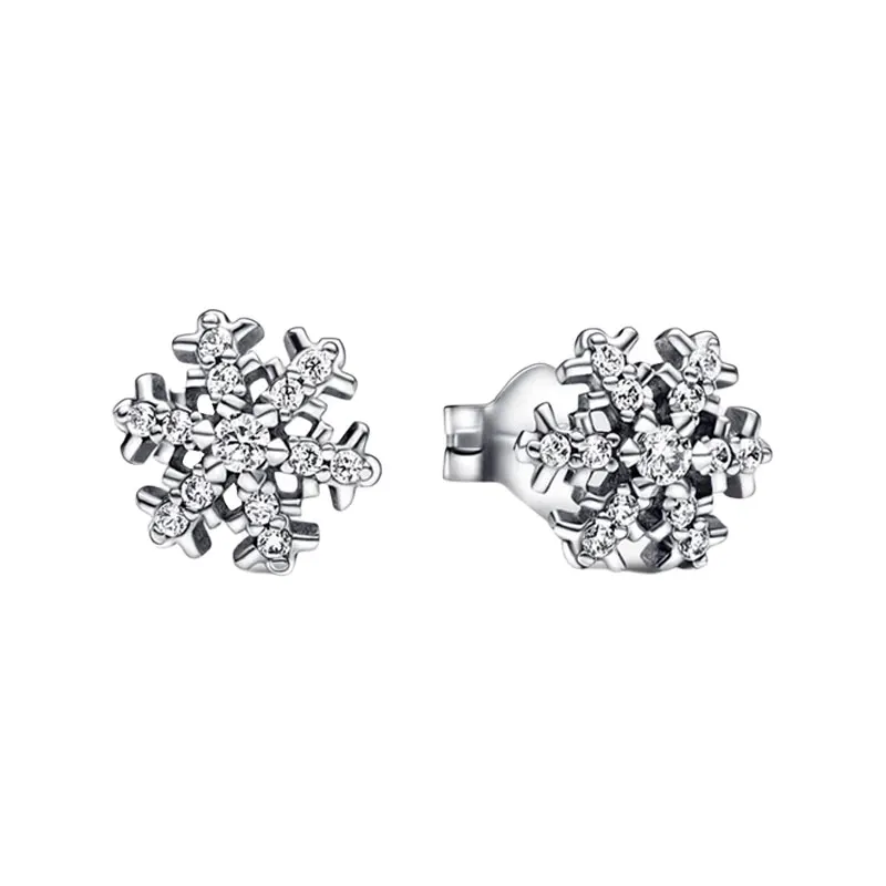 

Winter Snowflake Ear Piercing Stud Earrings For Women Original 925 Sterling Silver Fine Jewelry Pave Setting Round Clear Zircons
