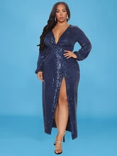

Plus size 5XL Sexy V Neck High Split Dresses Women Elegant Lady Shiny Sequin Long Evening Robes for Club Wear 2022 New Design
