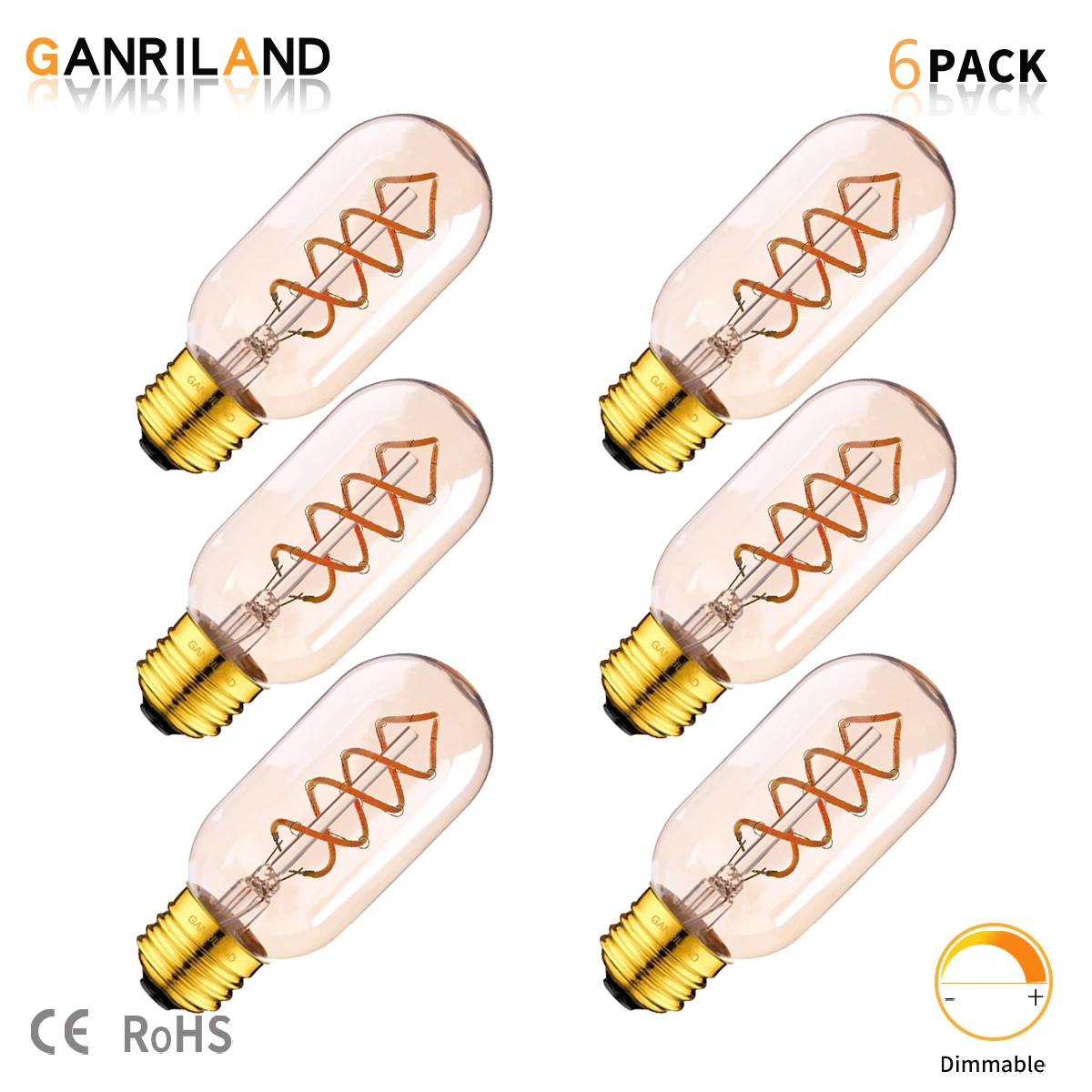 GANRILAND 나선형 필라멘트 LED 전구, 조도 조절식 봄빌라, 장식 펜던트 조명용 모던 관형 전구, 3W, T45, E26, E27, 110V, 220V