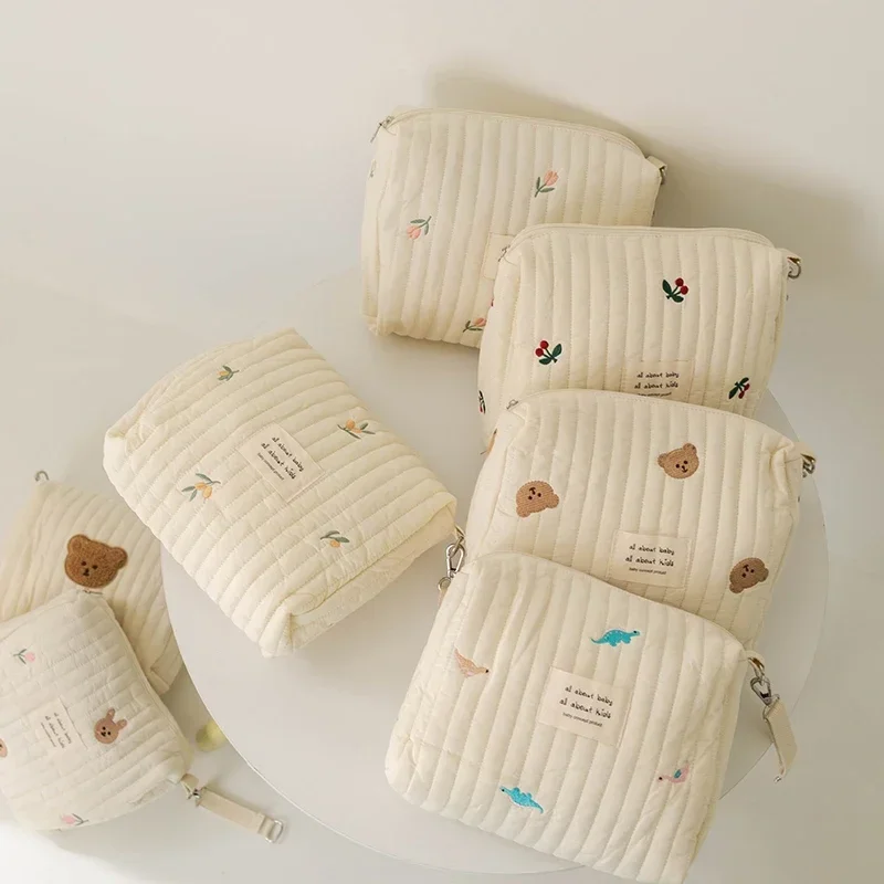 Ins coton sac à couches pour poussette sac suspendu articles pour bébé caddie à couches organisateur maman sac fermeture éclair mignon femmes sacs de maquillage enfants