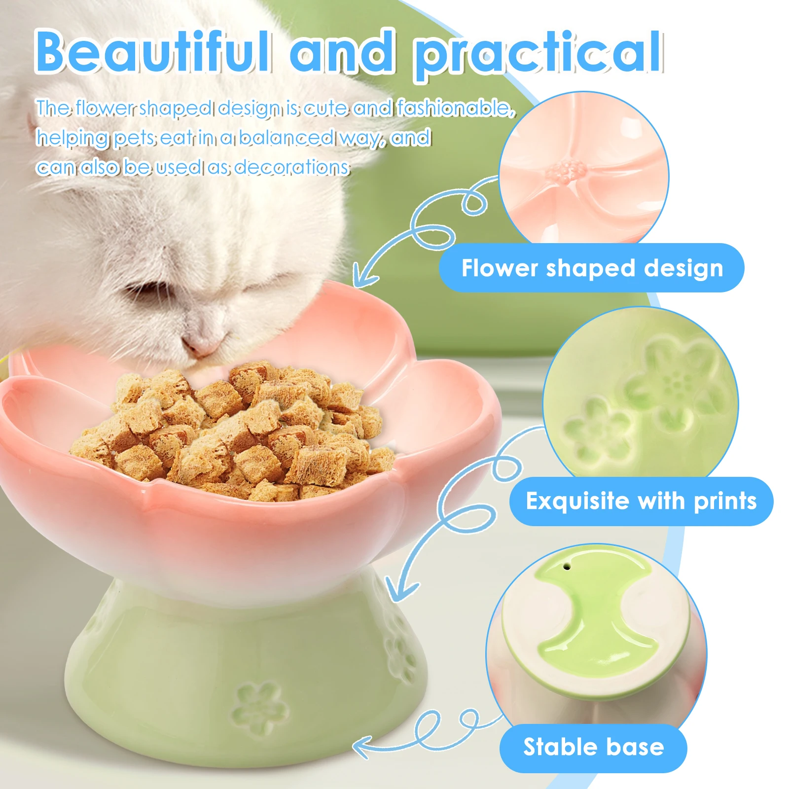 Flower Shape Pet Bowl Ceramic Raised Slow Feeder Dog Bowl 15 Degree Tilted Cat Bowl Cute 150ml Pet Water Dispenser Pet Supplies