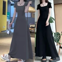 Slimming Summer Dress Women's Short Sleeve Long Dress French Style Waist Cinched Knee-Length Maxi Skirt Elegant Ladylike Style