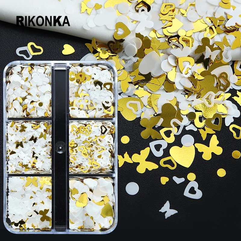 

White Heart Nail Art Sequins Butterfly Flower Mix Shape Gold Glitter Flakes Kit For UV Polish Charms Kawaii Nail Art Decorations