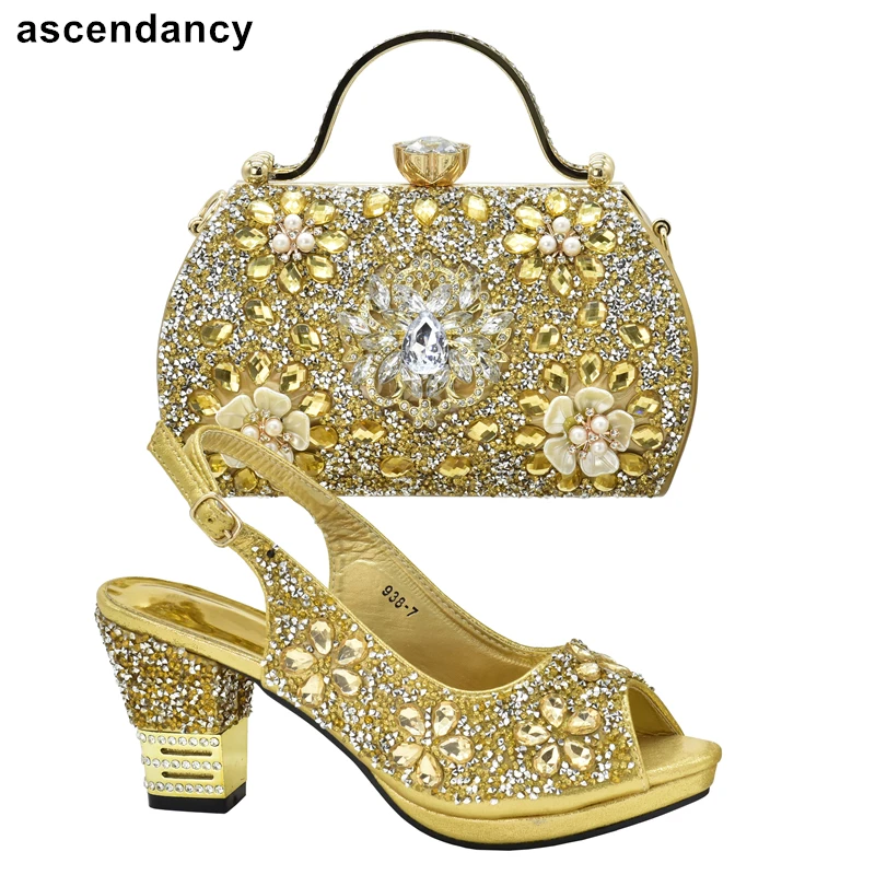 New Arrival Nigerian Party Shoes With Bag Set Decorated With Rhinestone