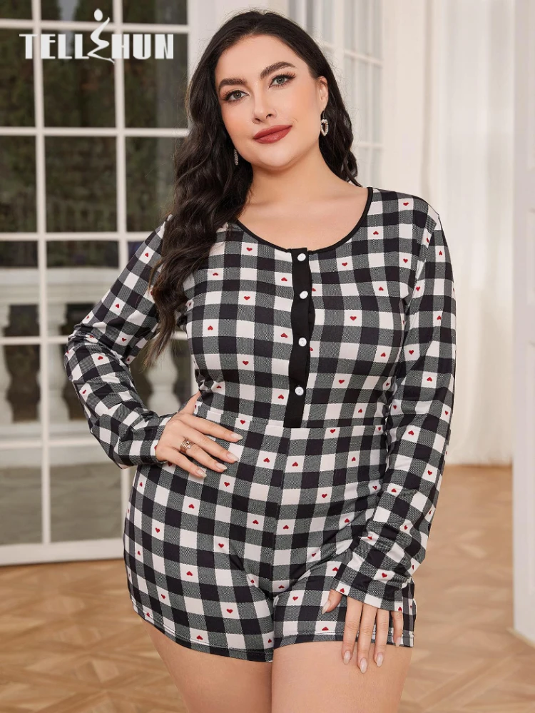 

Plus Size Long Sleeves Womens Romper Pajamas One Piece Plaid Heart Print Bodycon Jumpsuit Shorts Sexy Overall Playsuit Sleepwear