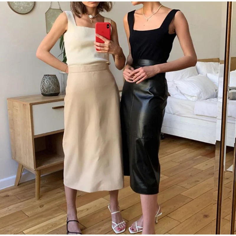 Fashion PU Leather Patchwork Women Skirts High Waist Zipper Female Mid Length Skirt Solid Simple A-Line Casual Ladies Bottoms
