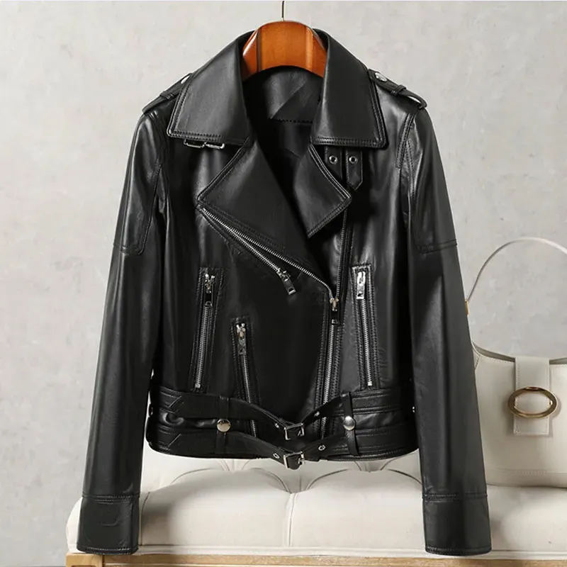 Leather women's leather 2023 new sheep short high-end jacket Motorcycle leather jacket autumn winter fashion