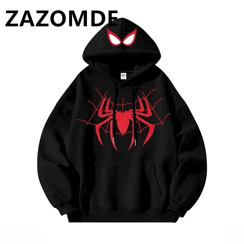 

ZAZOMDE American Style Retro Spider Print Hoodies Streetwear Men Cotton Hooded Winter Hip Hop Fashion Couple Daily Hoody Tops