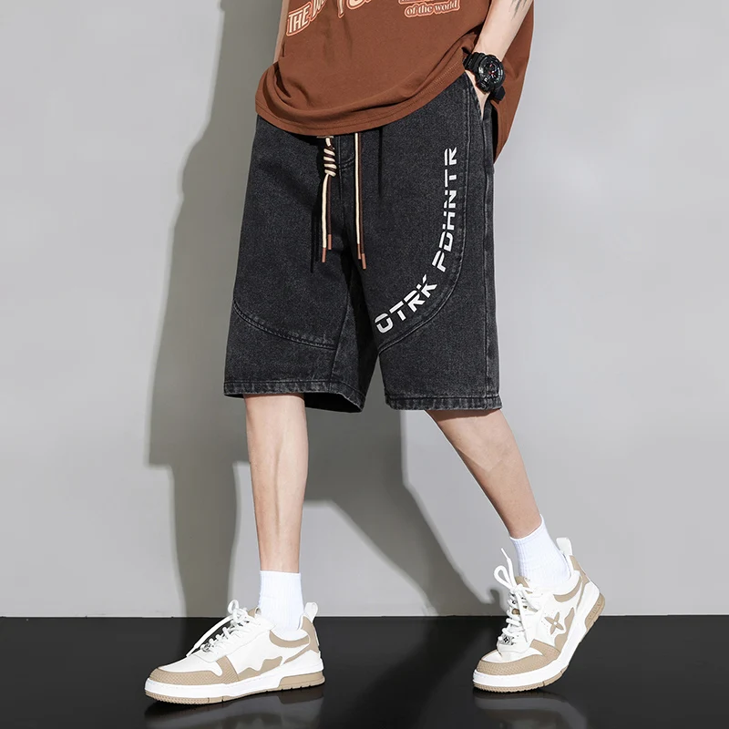 Fashion Spliced Printed Letter Casual Denim Shorts Men's Clothing 2024 Summer New Loose Elastic Lace Up All-match Knee Shorts