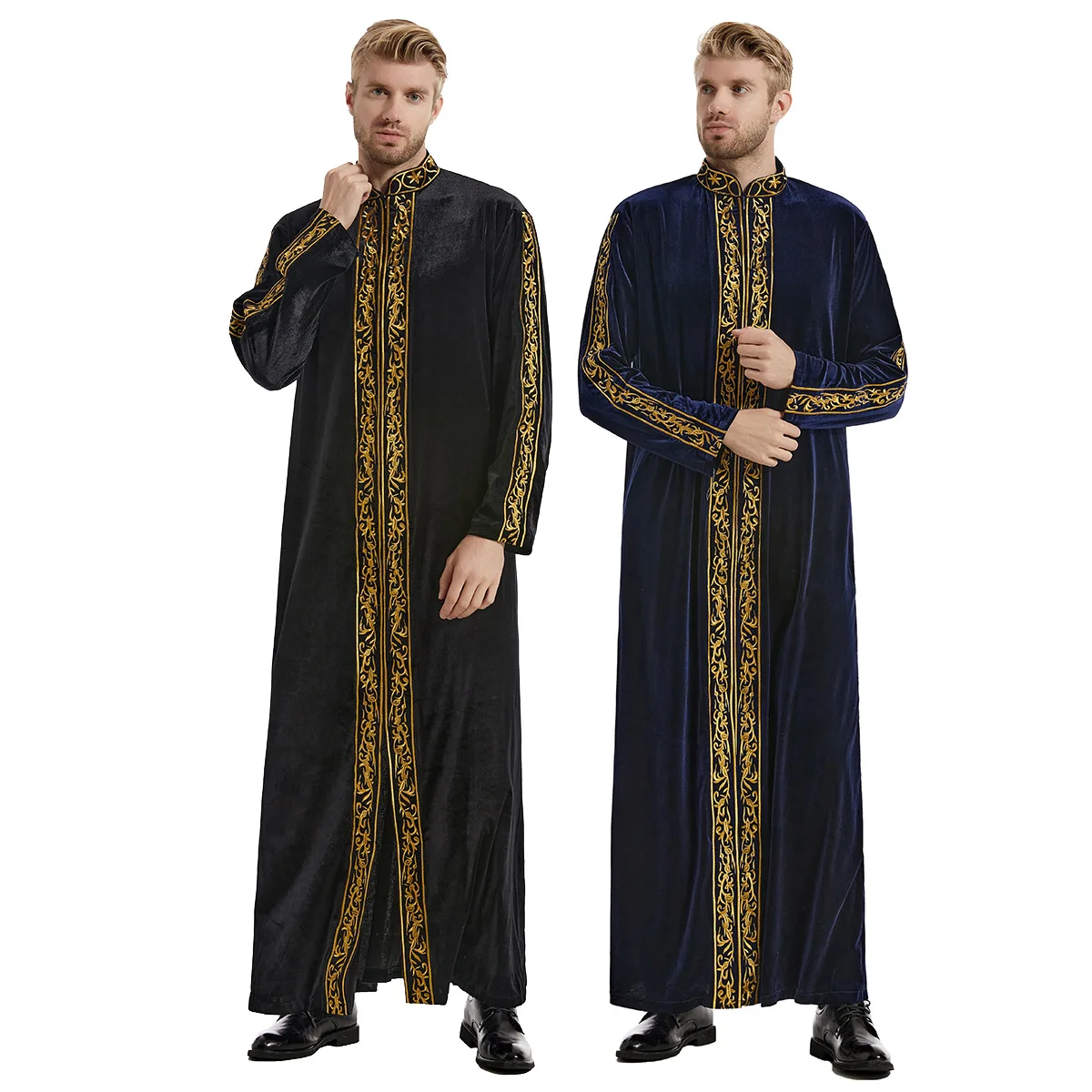 Middle East Muslim Gold Velvet Embroidery Men\'s Robe Arabian Islamic Prayer Dress National Costume Noble Luxury Long-sleeved Top