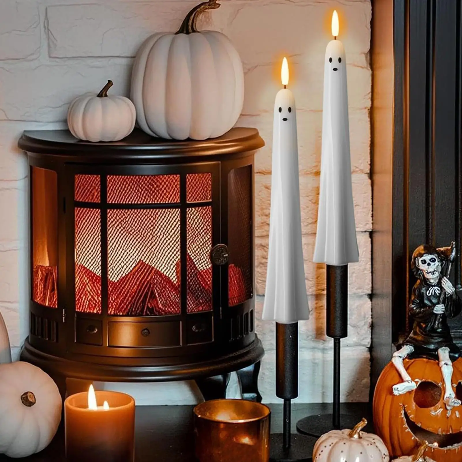 2pcs LED Candles Light Flameless Flickering Ghost Face Taper Candles With Remote Control And Timer Halloween Holiday Decorations