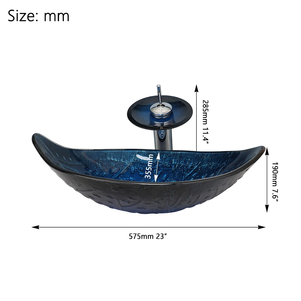 MONITE Leaf Style Bathroom Sink Faucet Set 3 Color Styles Tempered Glass Hand Painted Washbasin W/ Waterfall Tap & Pop-up Drain 2