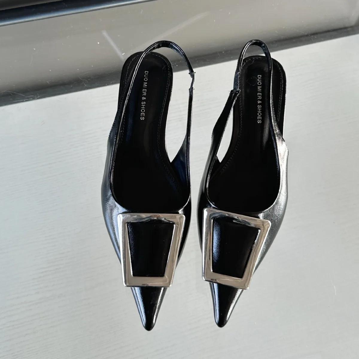 French Baotou Slim Heel Sandals Summer Metal Buckle Style Celebrity Pointed Low Heel Shoes Half Slippery Single Shoes for Women