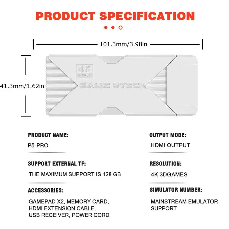 레트로 콘솔 휴대용 4K TV 게임 스틱, 무선 컨트롤러, 내장 30000/40000 게임, Emuelec 4.3 시스템, 64GB, 128GB