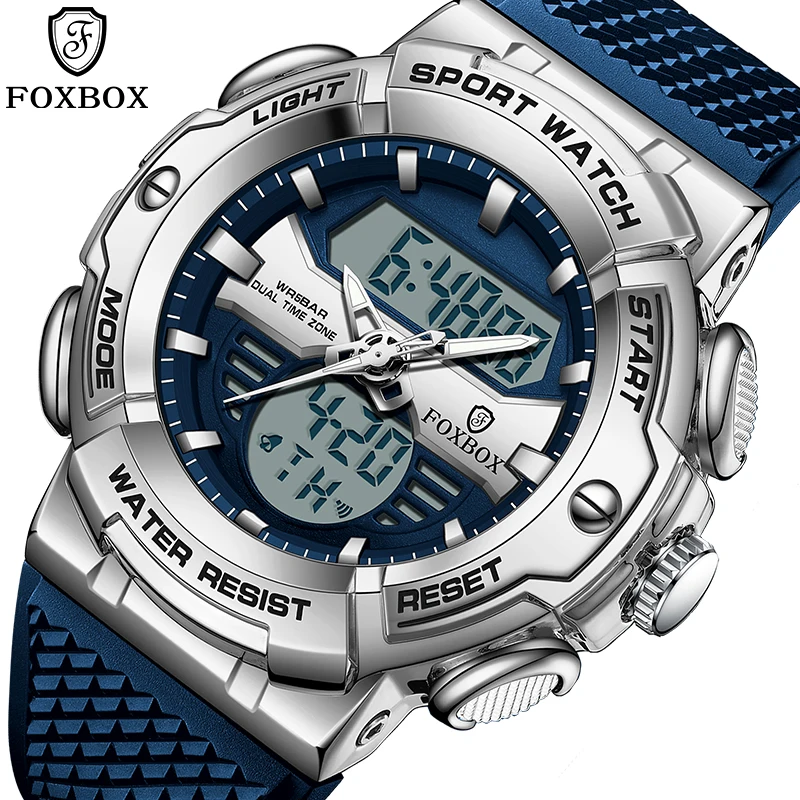 FOXBOX Men Sports Watch Fashion Digital Dual Time Quartz WristWatch For Men LED Alarm Date Waterproof Luminous Military Watches new bee single wireless bluetooth headset earphone noise cancelling mic sports headphone hands free earbuds 24 hrs driving 60 days standby time for office travel driving