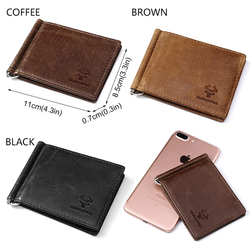 Ultra-thin Men's Money Clip Wallet Vintage Genuine Leather Bifold Card Holder Purse Mini High Quality Male Money Purse Cartera 5