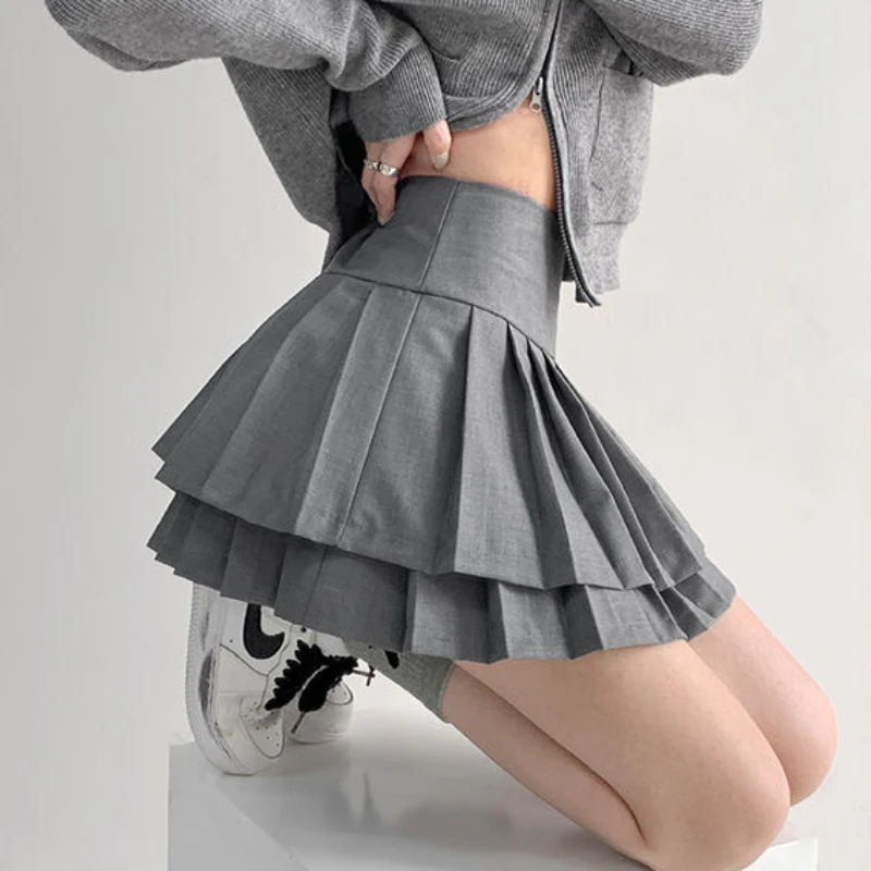

HOUZHOU Preppy Style Double Pleated Skirt Women Korean Skort Summer Sexy Y2k High Waist Patchwork Solid Mini Skirt A-line Casual