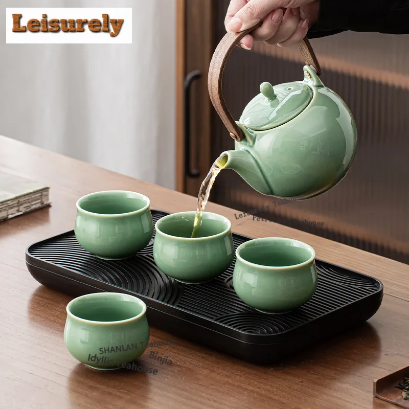 Celadon Round Handle Travel Tea Set Kit Japanese 1 Pot 4 Cups Tea Maker Organizer Portable Outdoor Handbag Supplies Collection