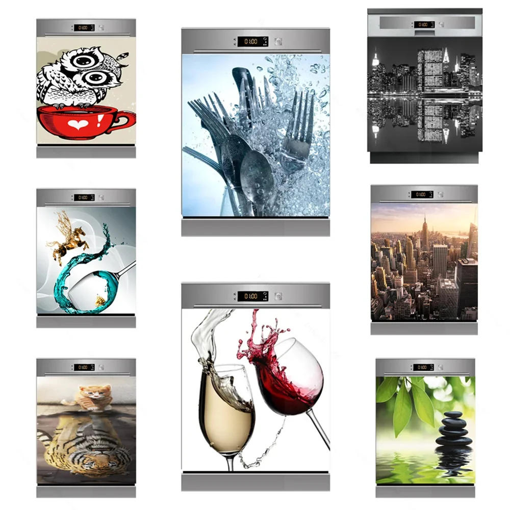 Self Adhesive Stickers INS Clean Forks Wine Glass Dishwasher Stickers Removable Decal DIY Kitchen Decor Cabinet Door Custom Size