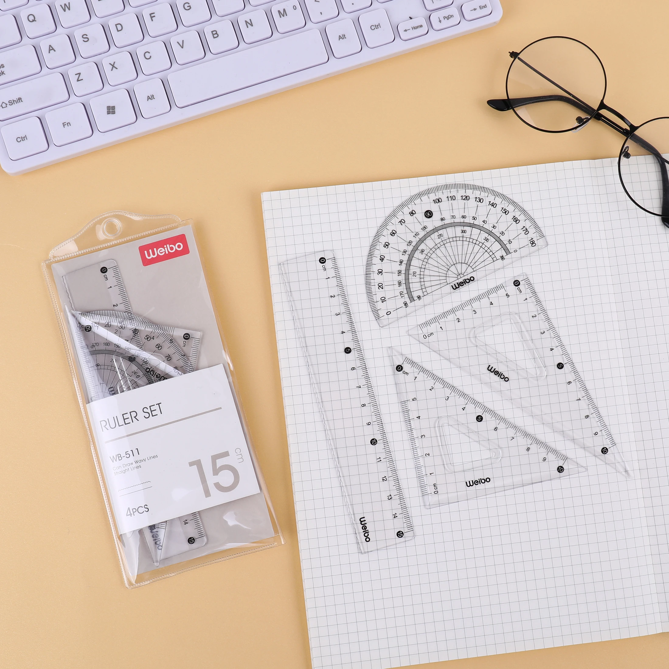 WB-511 Ruler Set 4pcs/set Drawing Measurement Geometry Triangle straightedge Protractor a variety of rulers School